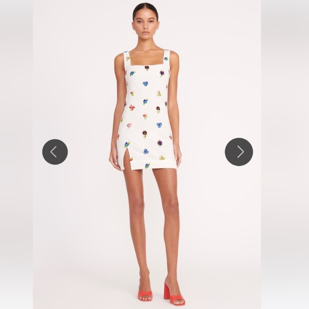 STAUD La Sable Beaded White Mini Dress with Florals - size Small